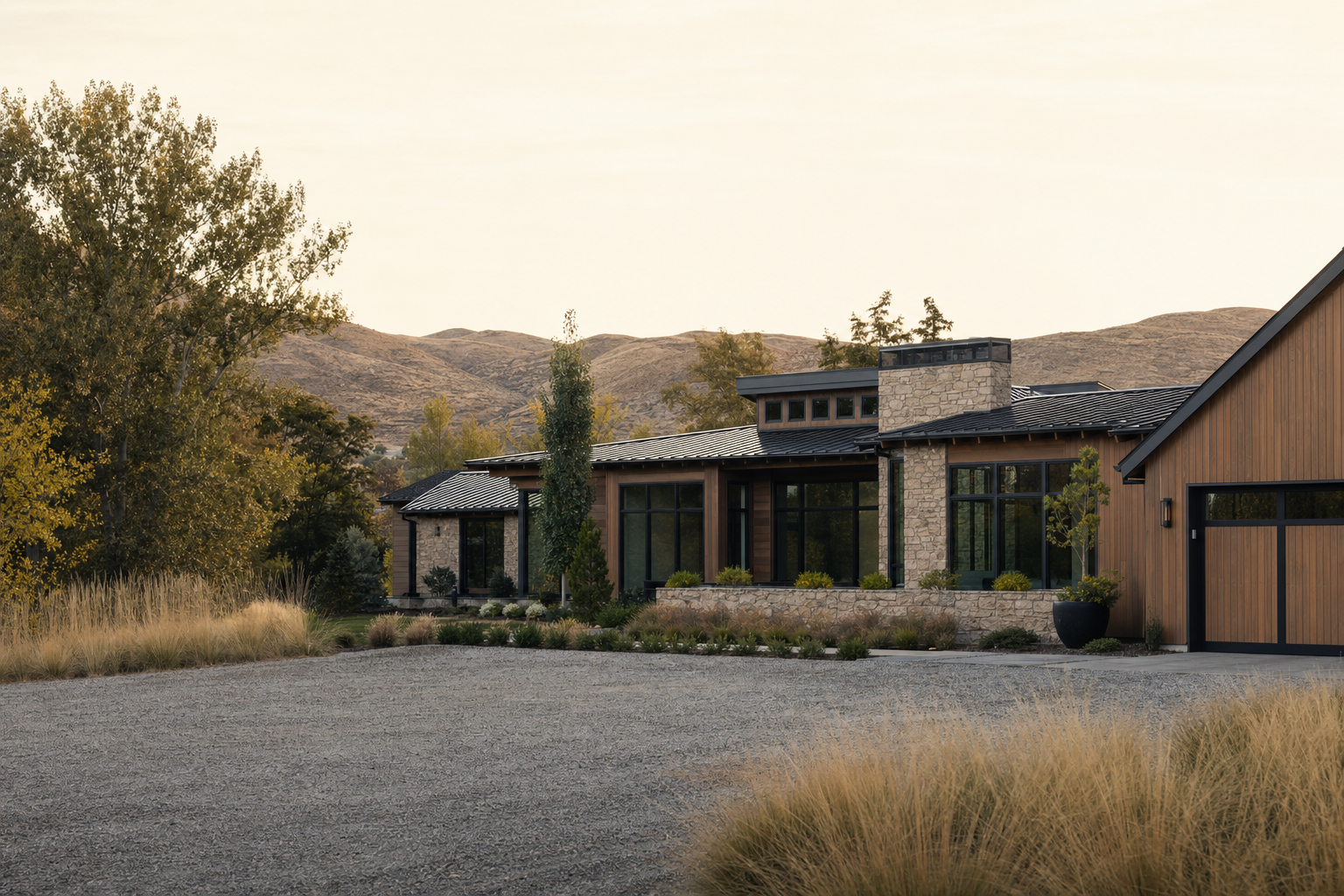 A contemporary Idaho home with cedar cladding and dark window frames at golden hour, native grasses in the foreground and the Boise foothills beyond.