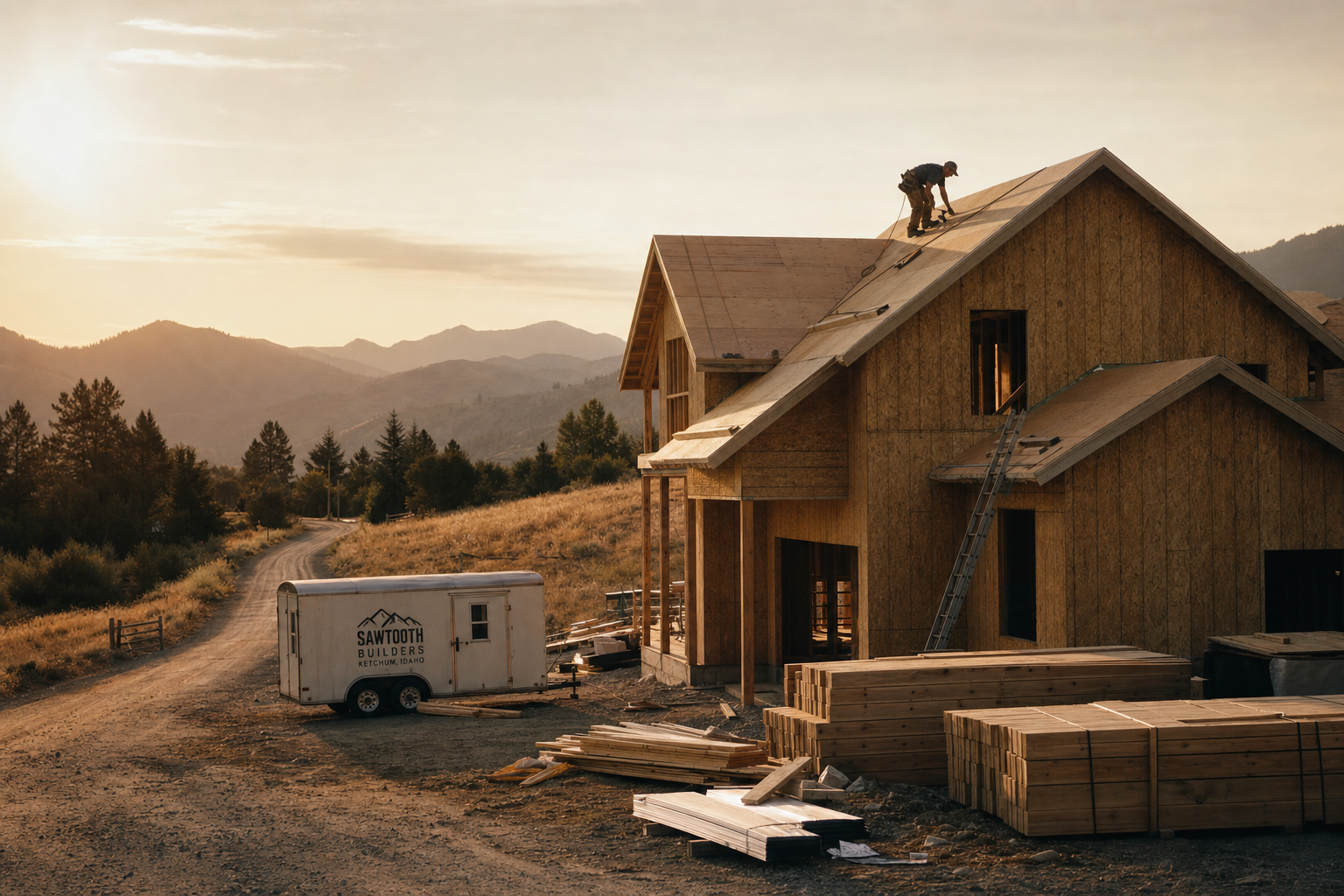 A framed residential structure at the roof-decking stage in the Idaho foothills at golden hour.
