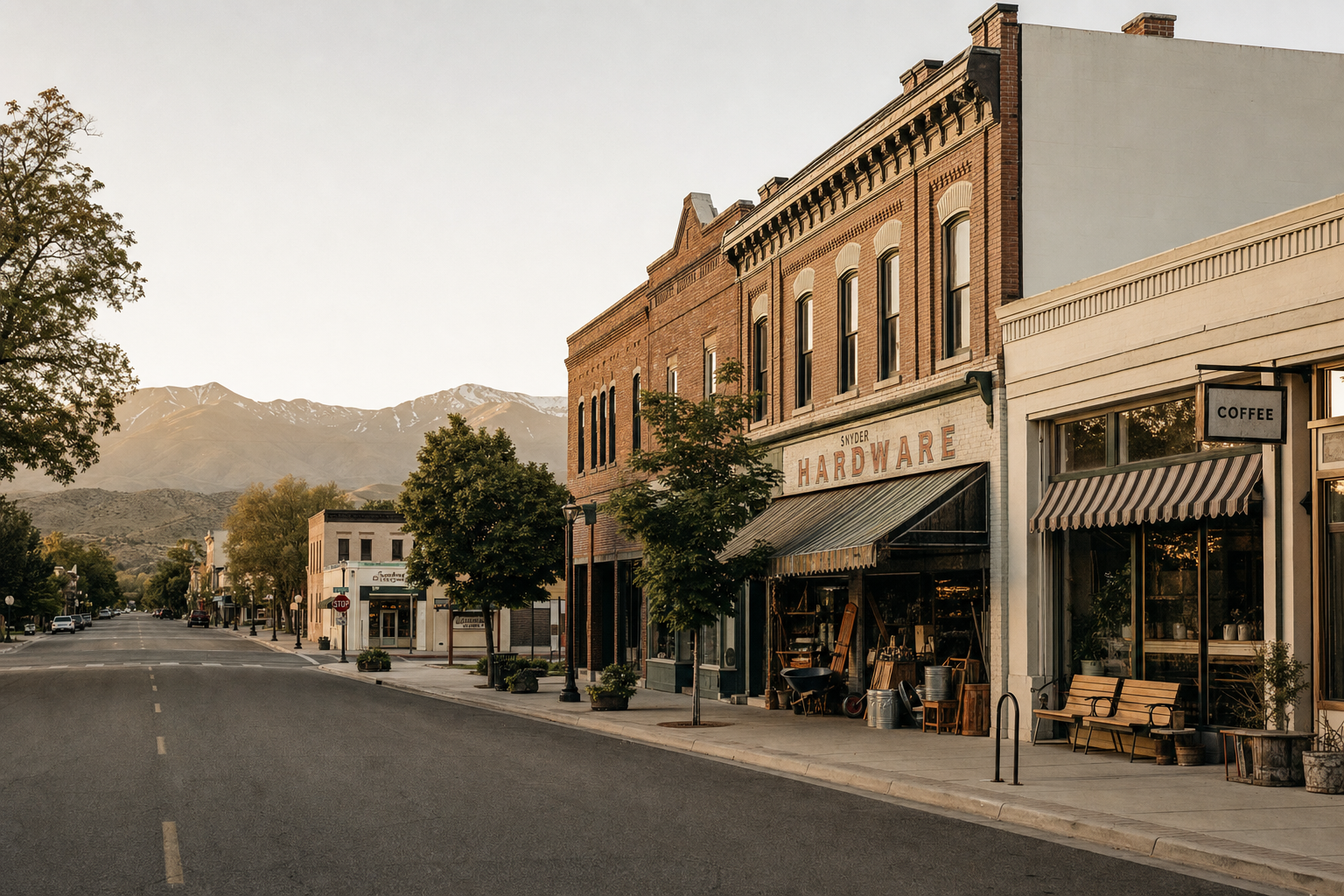 A quiet main street in a small Treasure Valley town at late afternoon, hardware store and coffee shop.