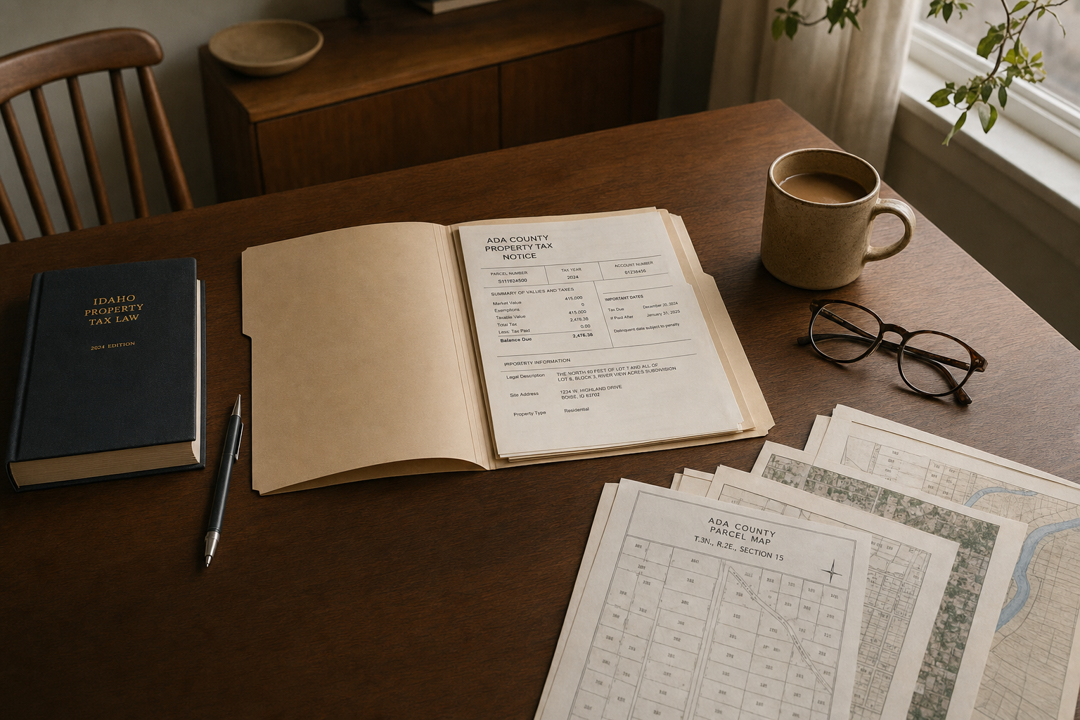 A property tax notice open on a kitchen table beside a legal reference book and Ada County parcel maps.